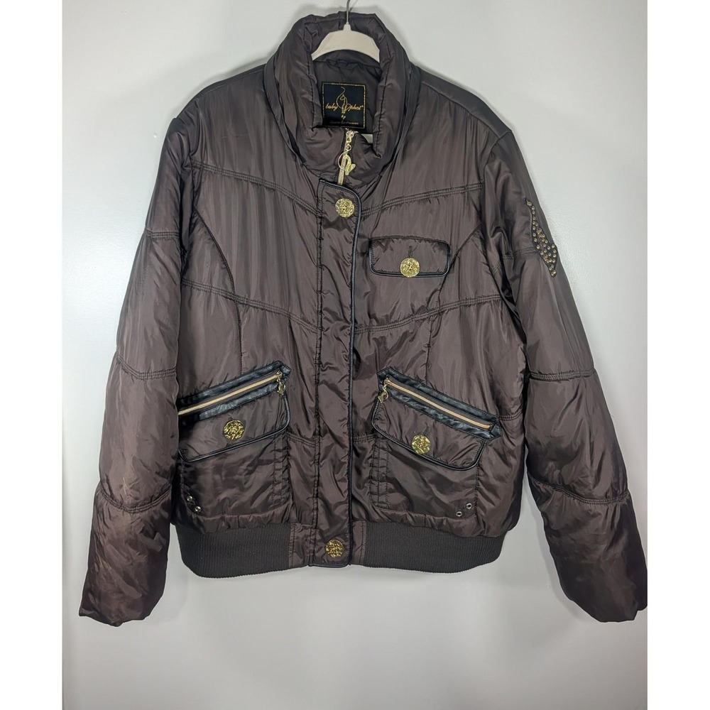 Baby Phat Kimora Lee Simmons Brown Puffer Bomber Jacket Size 4X Y2K Gold Logo